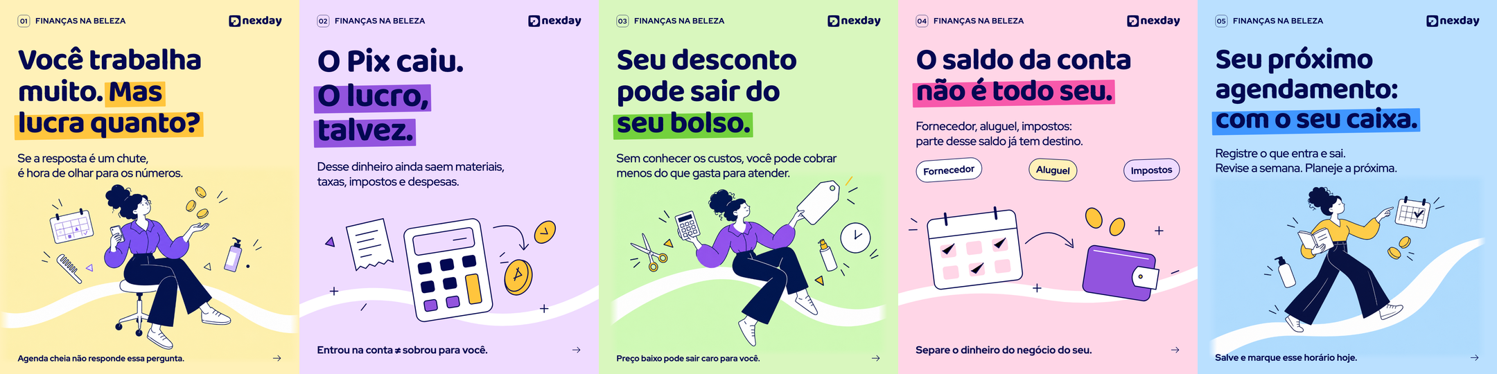 Carrossel financeiro de referência, com fundos pastel, títulos Baloo e tarjas coloridas