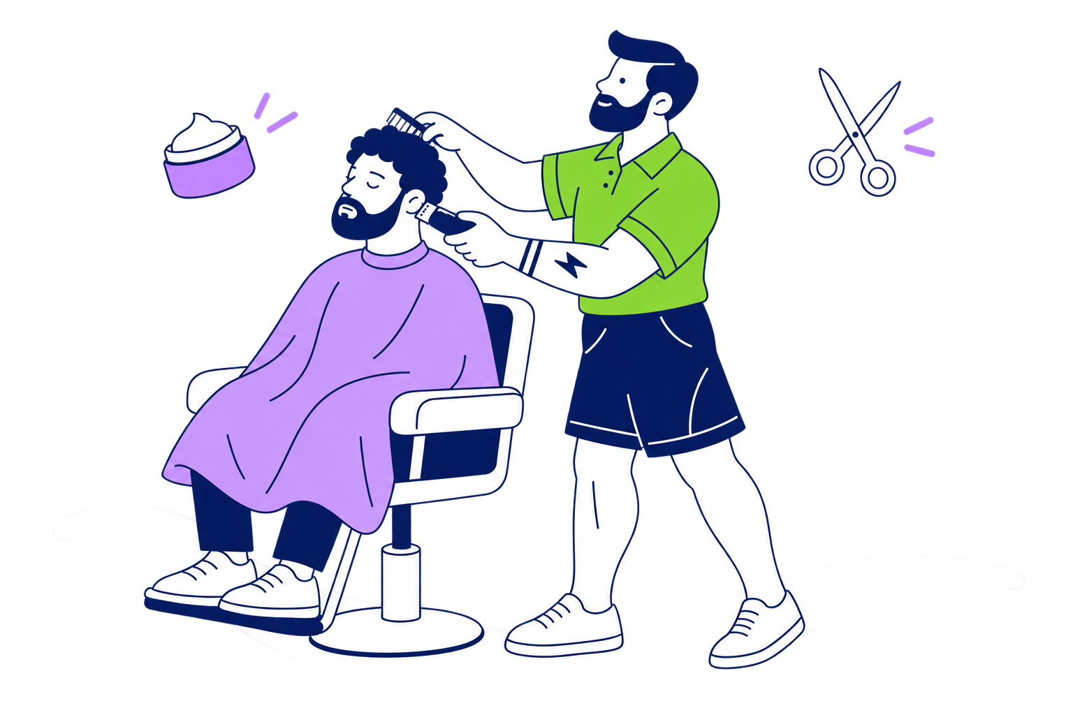 Polo verde, bermuda e tatuagem no braço direito, cuidando da barba do cliente. Barbeiro de cabelo curto e barba navy, formas fluidas e pele branca estilizada sobre fundo transparente.