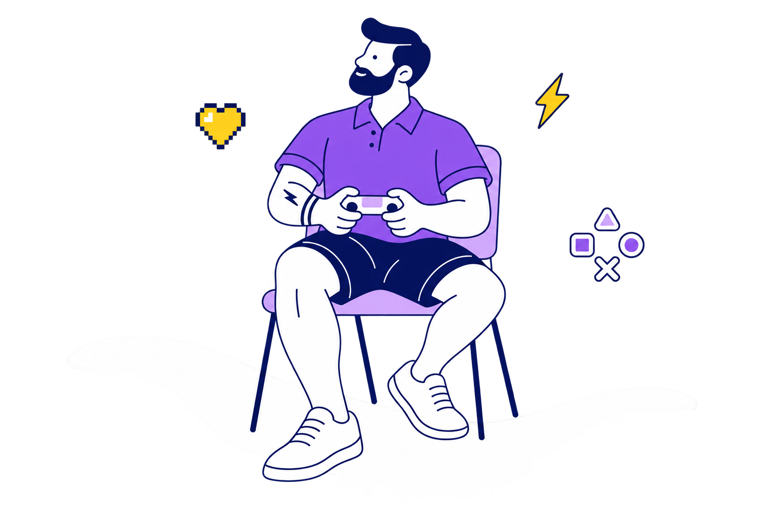 Polo roxa, sentado numa cadeira com controle de videogame nas mãos. Barbeiro de cabelo curto e barba navy, formas fluidas e pele branca estilizada sobre fundo transparente.