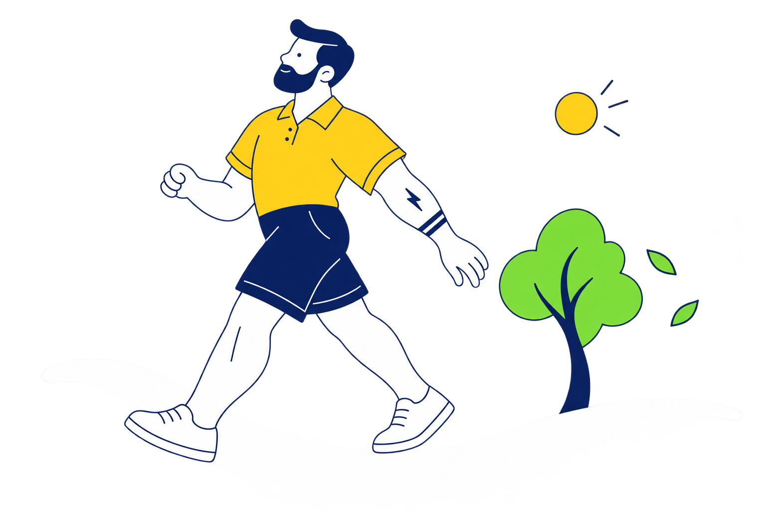 Polo amarela, caminhada ao lado de uma árvore e folhas no ar. Barbeiro de cabelo curto e barba navy, formas fluidas e pele branca estilizada sobre fundo transparente.