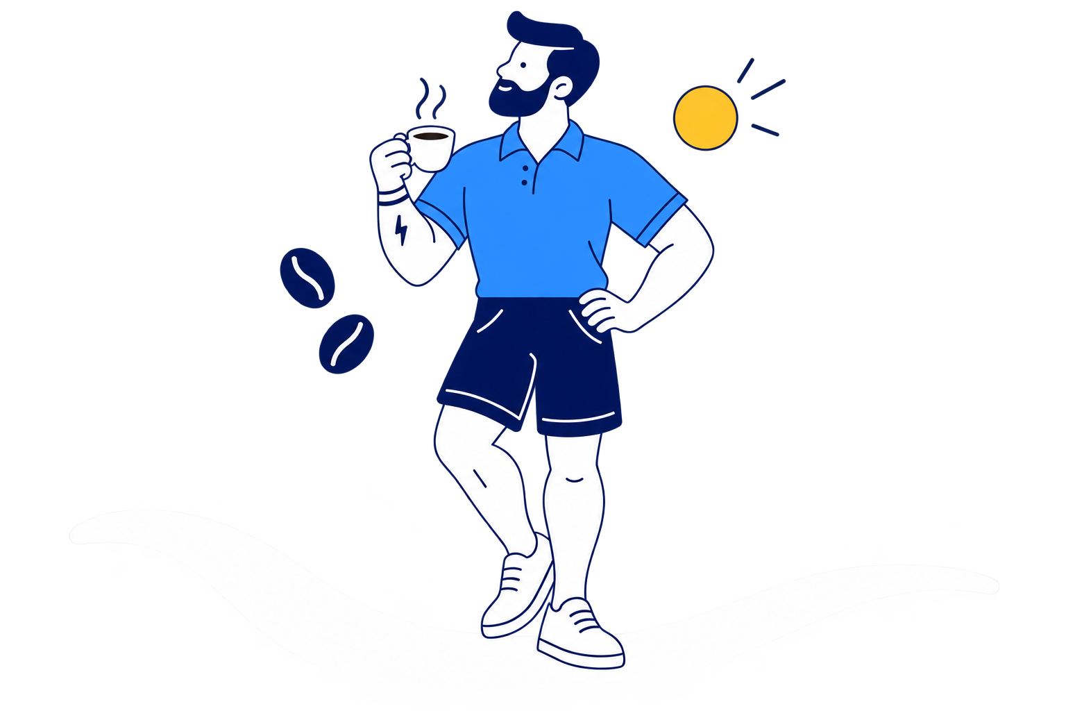 Polo azul, xícara na mão e uma pausa leve entre os compromissos. Barbeiro de cabelo curto e barba navy, formas fluidas e pele branca estilizada sobre fundo transparente.