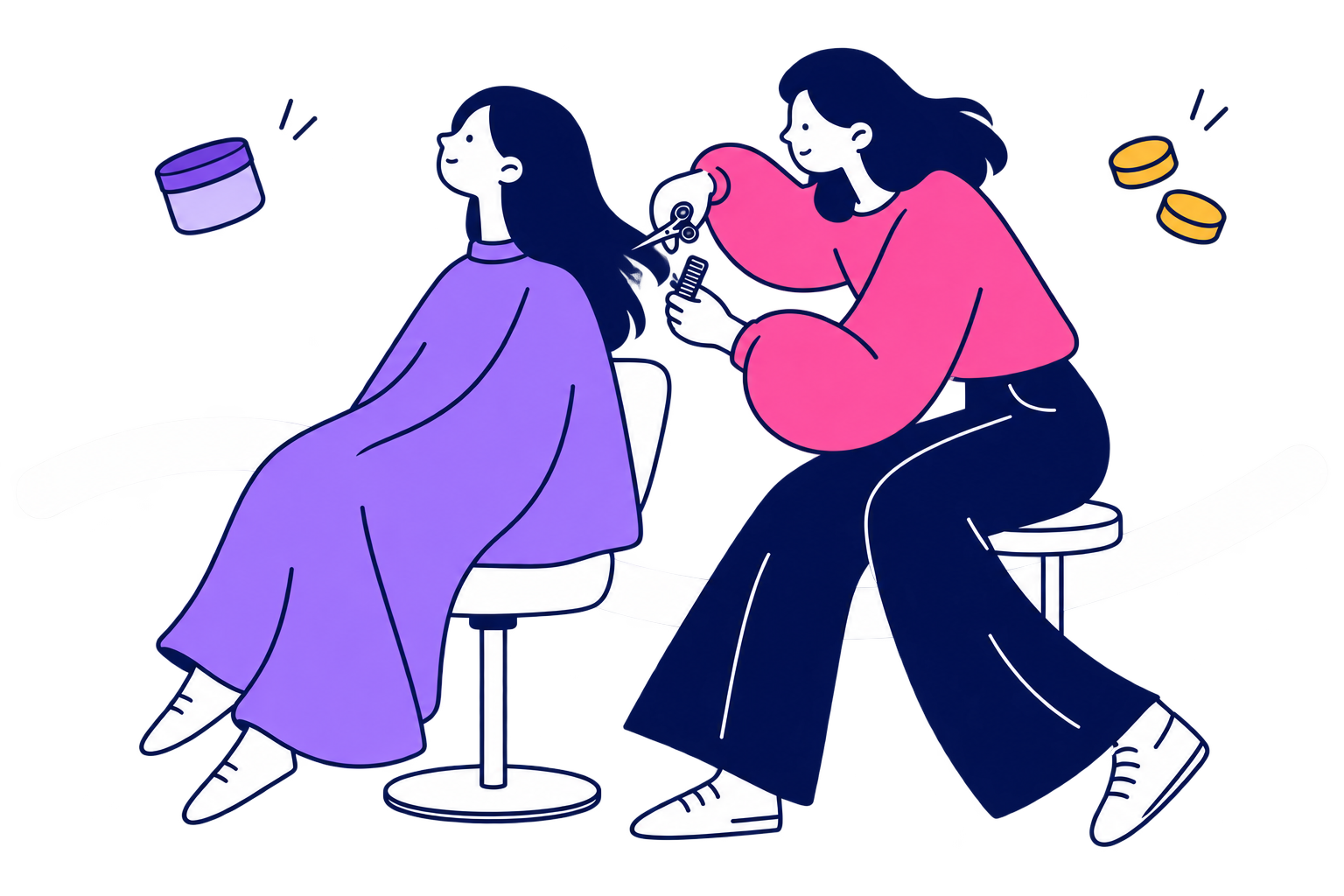 Moletom rosa, atendimento com cliente, pote de creme e moedas. Ilustração pop de cabelo comprido navy, proporções curvas e faixa branca sobre fundo transparente.