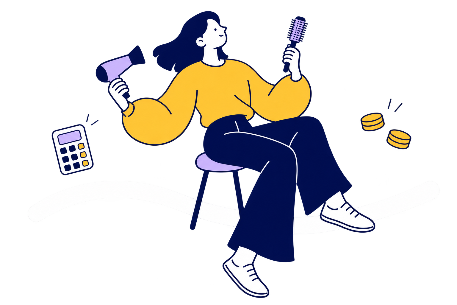 Moletom amarelo, secador e escova, calculadora e moedas. Ilustração pop de cabelo comprido navy, proporções curvas e faixa branca sobre fundo transparente.