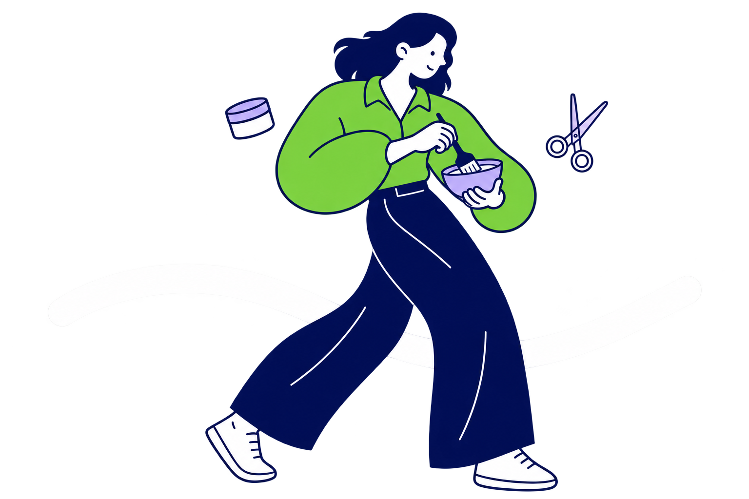 Camisa verde, tigela e pincel, pote de creme e tesoura. Ilustração pop de cabelo comprido navy, proporções curvas e faixa branca sobre fundo transparente.