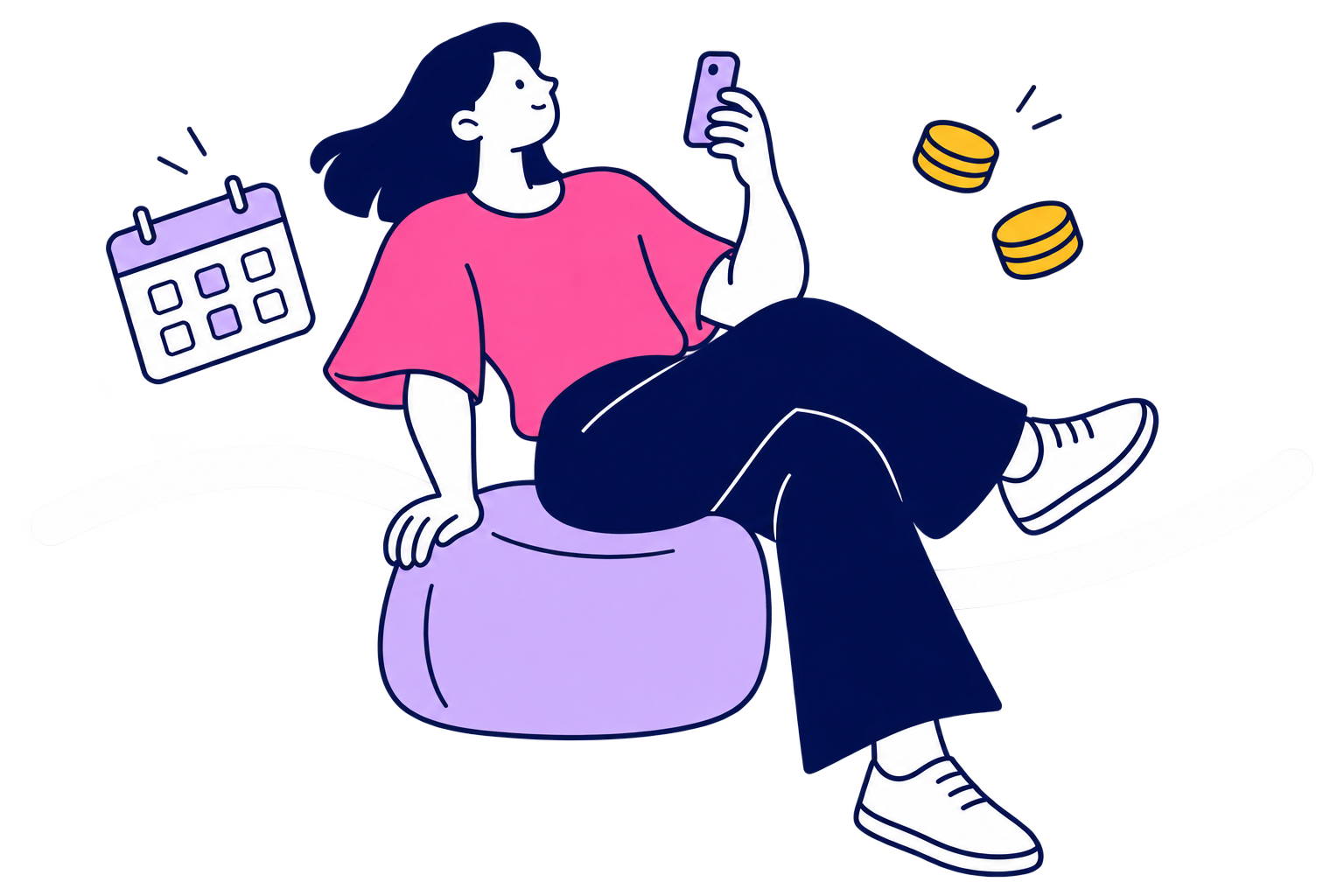 Camiseta rosa, celular e pufe, calendário e moedas. Ilustração pop de cabelo comprido navy, proporções curvas e faixa branca sobre fundo transparente.