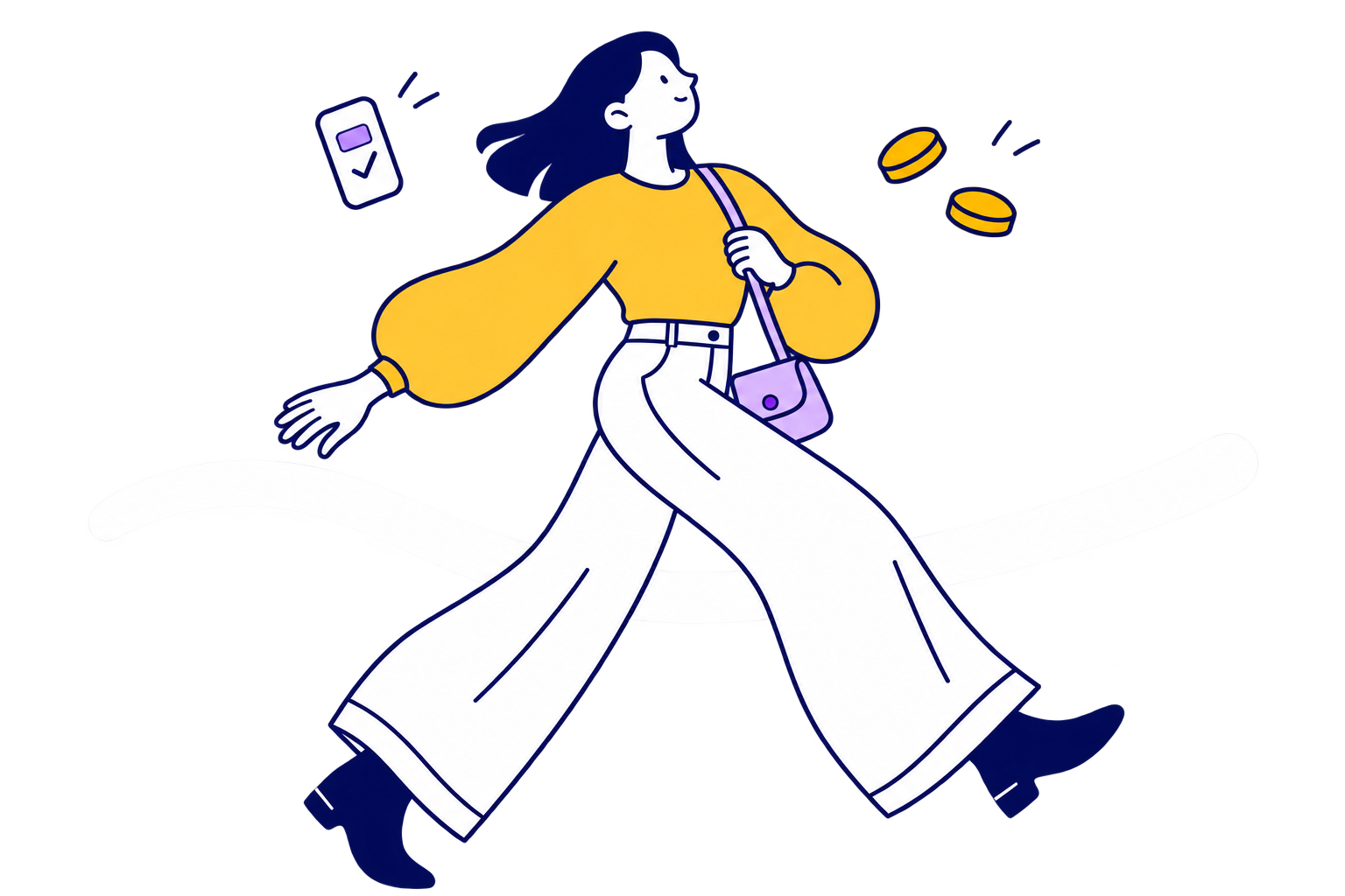 Blusa amarela, calça branca e bolsa, celular e moedas. Ilustração pop de cabelo comprido navy, proporções curvas e faixa branca sobre fundo transparente.