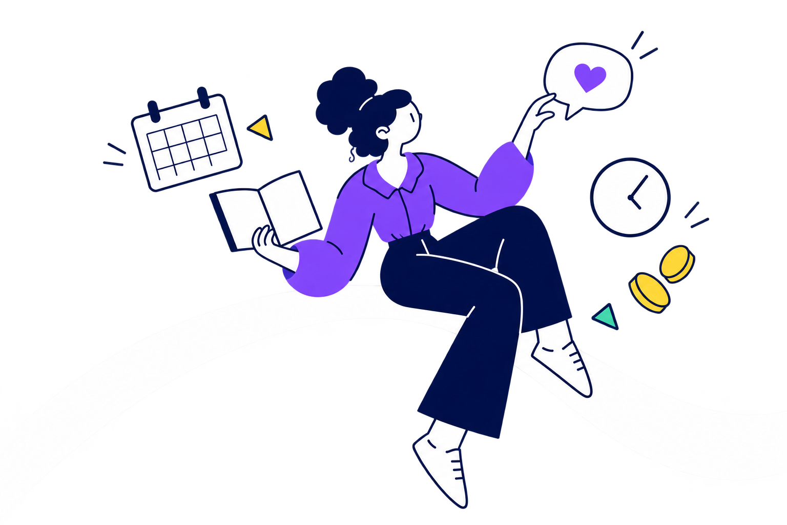 Sentada na faixa branca, com livro, agenda e elementos da gestão. Personagem de coque cacheado navy, formas fluidas e pele branca estilizada, sobre fundo transparente.