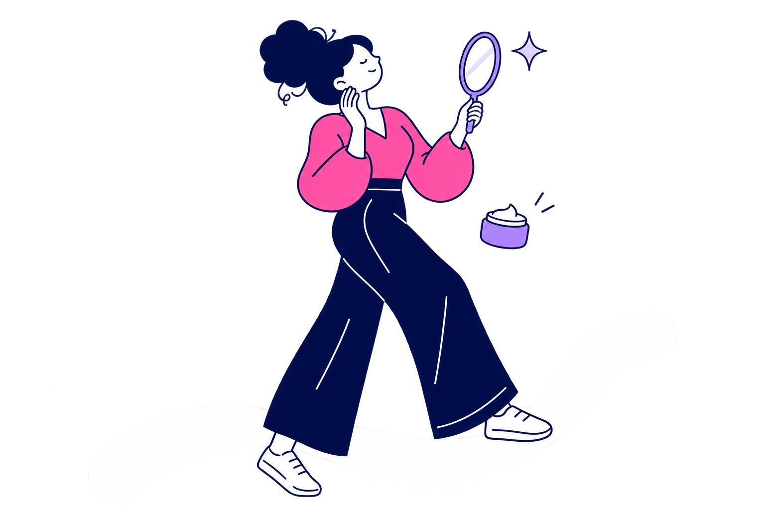 Blusa rosa, espelho de mão e um momento de autocuidado. Personagem de coque cacheado navy, formas fluidas e pele branca estilizada, sobre fundo transparente.
