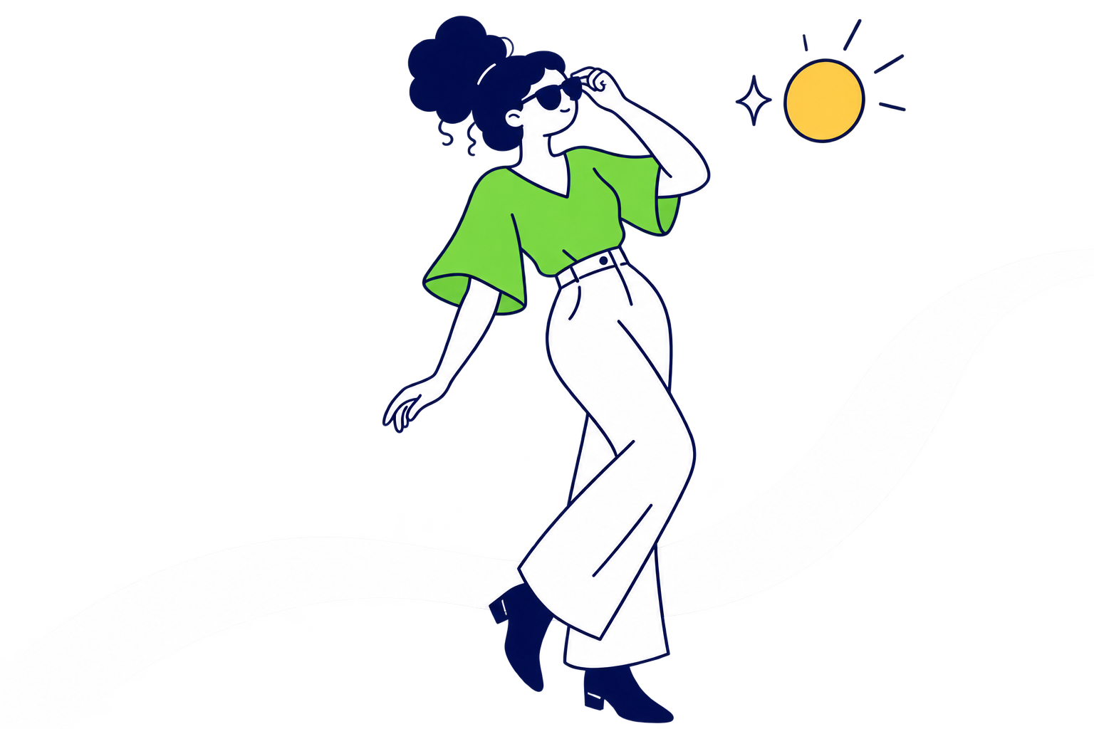 Blusa verde, óculos de sol e uma pausa leve na rotina. Personagem de coque cacheado navy, formas fluidas e pele branca estilizada, sobre fundo transparente.
