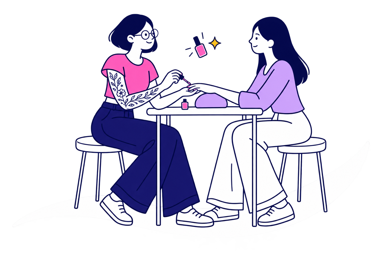 Camiseta rosa e calça navy, atendendo uma cliente na mesa de manicure. Óculos redondos, cabelo chanel e tatuagens botânicas no braço direito, elementos flutuantes e faixa branca orgânica.