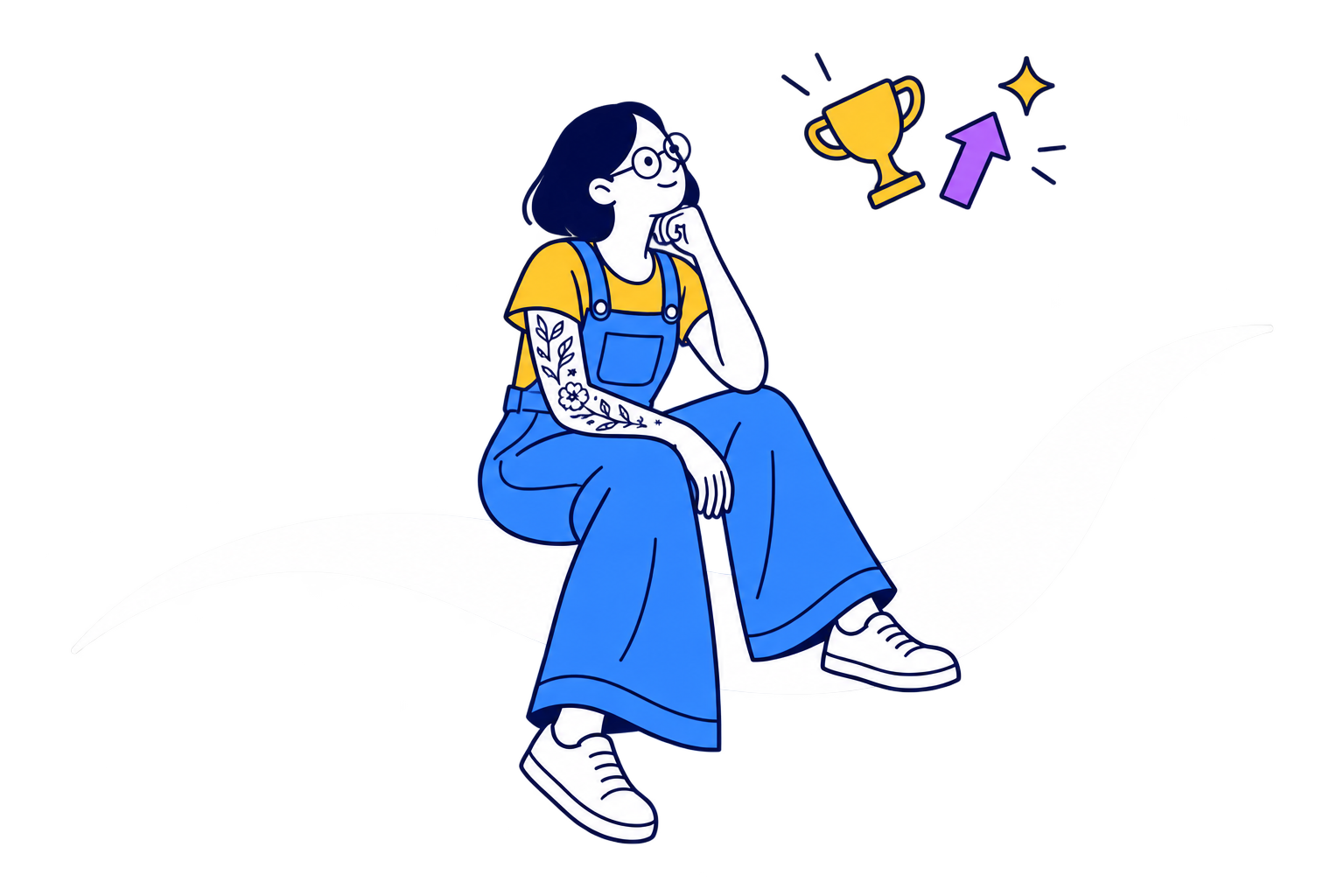 Macacão jeans azul e camiseta amarela, sentada na faixa branca com símbolos de sucesso. Óculos redondos, cabelo chanel e tatuagens botânicas no braço direito, elementos flutuantes e faixa branca orgânica.