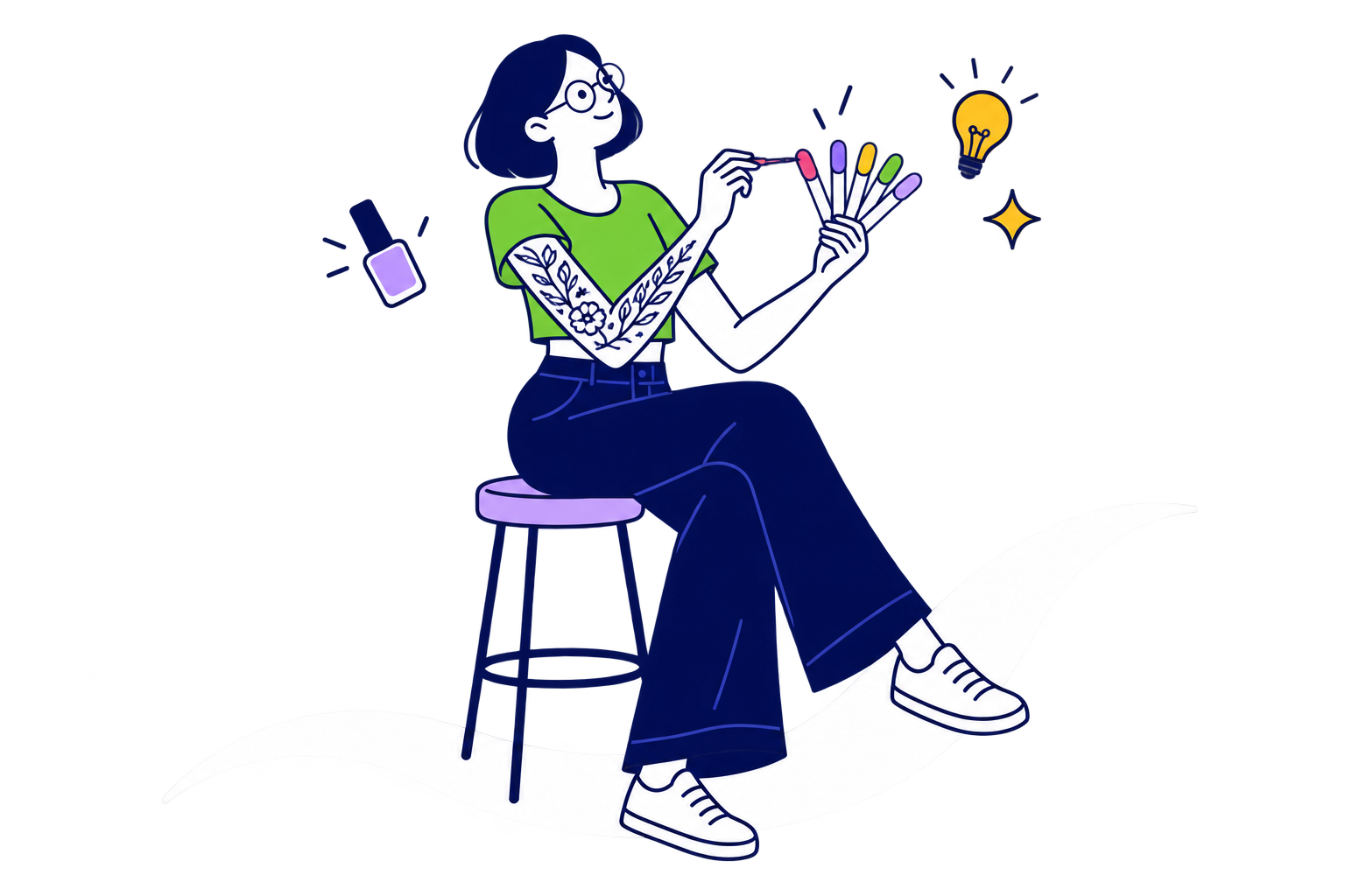 Camiseta verde e calça navy, criando nail art numa paleta de amostras. Óculos redondos, cabelo chanel e tatuagens botânicas no braço direito, elementos flutuantes e faixa branca orgânica.